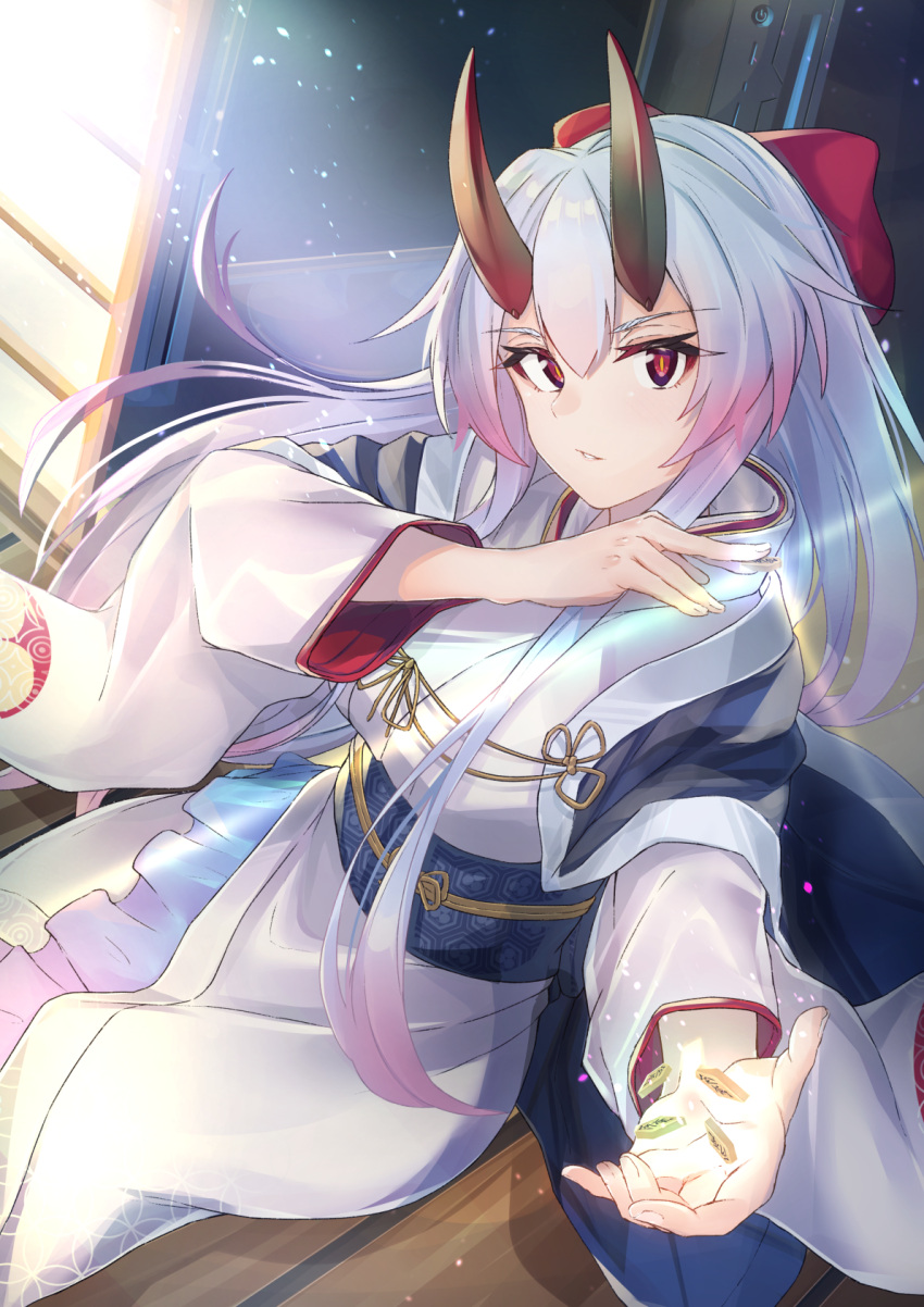1girl bangs between_fingers blush bow breasts dutch_angle eyebrows_visible_through_hair fate/grand_order fate_(series) fingernails gradient_hair hair_between_eyes hair_bow highres holding horns japanese_clothes kimono long_hair long_sleeves looking_at_viewer medium_breasts multicolored_hair obi oni oni_horns parted_lips red_bow red_eyes redhead sash shougi_piece silver_hair solo tapioka_(oekakitapioka) tomoe_gozen_(fate/grand_order) very_long_hair white_kimono wide_sleeves