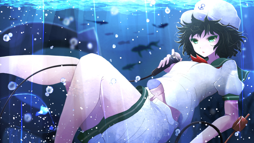 1girl absurdres air_bubble anchor anchor_symbol arano_oki bangs black_hair breasts bubble colored_eyelashes commentary_request eyebrows_visible_through_hair feet_out_of_frame fish green_eyes green_sailor_collar hat highres hishaku knees_up light_rays medium_breasts midriff_peek murasa_minamitsu navel neckerchief parted_lips puffy_short_sleeves puffy_sleeves red_neckwear sailor_collar sailor_hat sailor_shirt shirt short_hair short_sleeves shorts solo thighs touhou underwater white_headwear white_shirt white_shorts