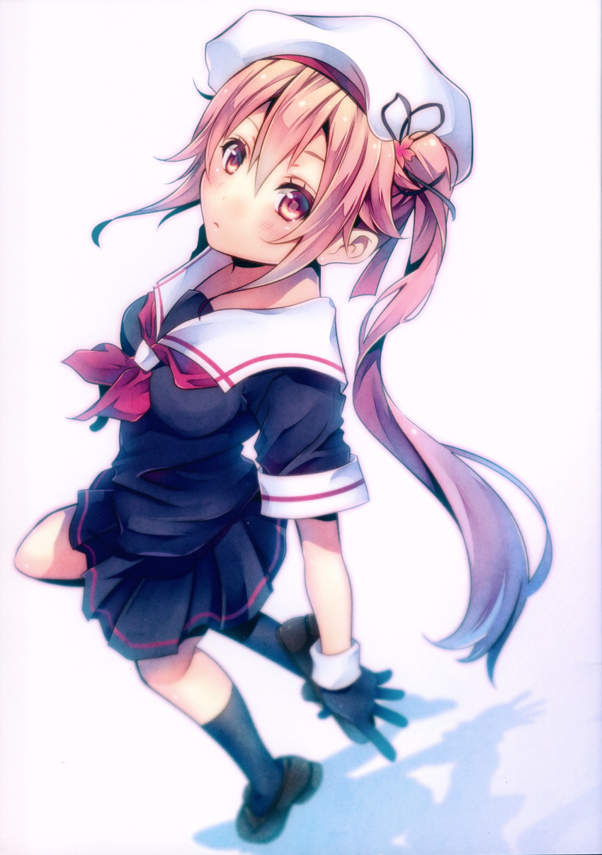 1girl absurdres bangs beret black_gloves blue_hair from_above full_body gloves gradient_hair harusame_(kantai_collection) hat highres huge_filesize kantai_collection kneehighs looking_at_viewer multicolored_hair open_mouth pink_eyes pink_hair scan school_uniform serafuku shiomizu_(swat) side_ponytail solo