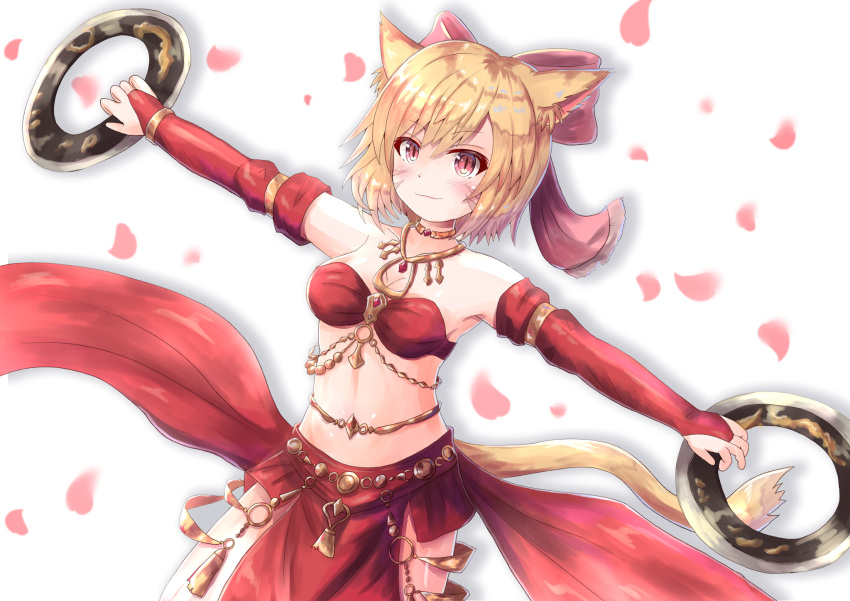 1girl animal_ears bandeau bangs blonde_hair blush bow breasts bridal_gauntlets cat_ears cat_tail chakram choker cleavage cocoasabure commentary_request cowboy_shot dancer elbow_gloves eyebrows_visible_through_hair final_fantasy final_fantasy_xiv gloves hair_between_eyes hair_bow harem_outfit highres holding holding_weapon jewelry looking_at_viewer medium_breasts miqo'te outstretched_arms pelvic_curtain petals pink_bow red_eyes red_gloves shadow short_hair simple_background smile solo standing stomach tail weapon white_background