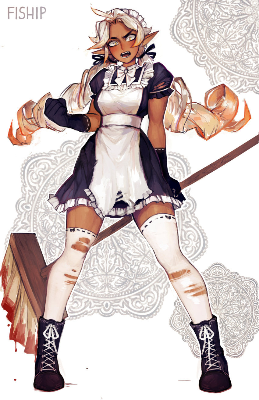 1girl absurdres angry artist_name black_footwear black_gloves black_ribbon blonde_hair blood blood_stain blush boots broom clenched_hand commentary cross-laced_footwear dark_elf dark_skin doily dress drill_hair elf english_commentary frills full_body gloves hair_ribbon highres legs_apart long_hair looking_at_viewer low_twintails maid maid_headdress matilda_fiship open_mouth original pointy_ears puffy_short_sleeves puffy_sleeves ribbon ribbon-trimmed_legwear ribbon_trim short_sleeves simple_background solo standing thigh-highs torn_clothes torn_dress torn_legwear twintails white_background white_legwear yellow_eyes