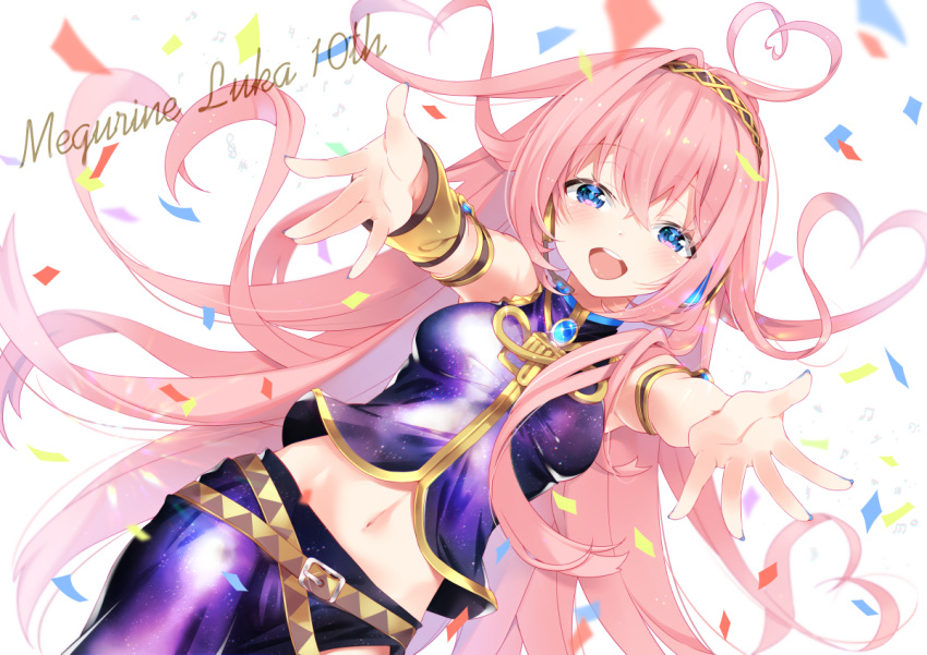 1girl amulet anniversary arami_o_8 armlet asymmetrical_sleeves belt blue_eyes blush character_name commentary confetti cowboy_shot crop_top detached_sleeves dutch_angle headphones heart long_hair megurine_luka midriff navel outstretched_arms pink_hair reaching_out shiny shiny_clothes skirt smile solo symbol_commentary very_long_hair vocaloid white_background