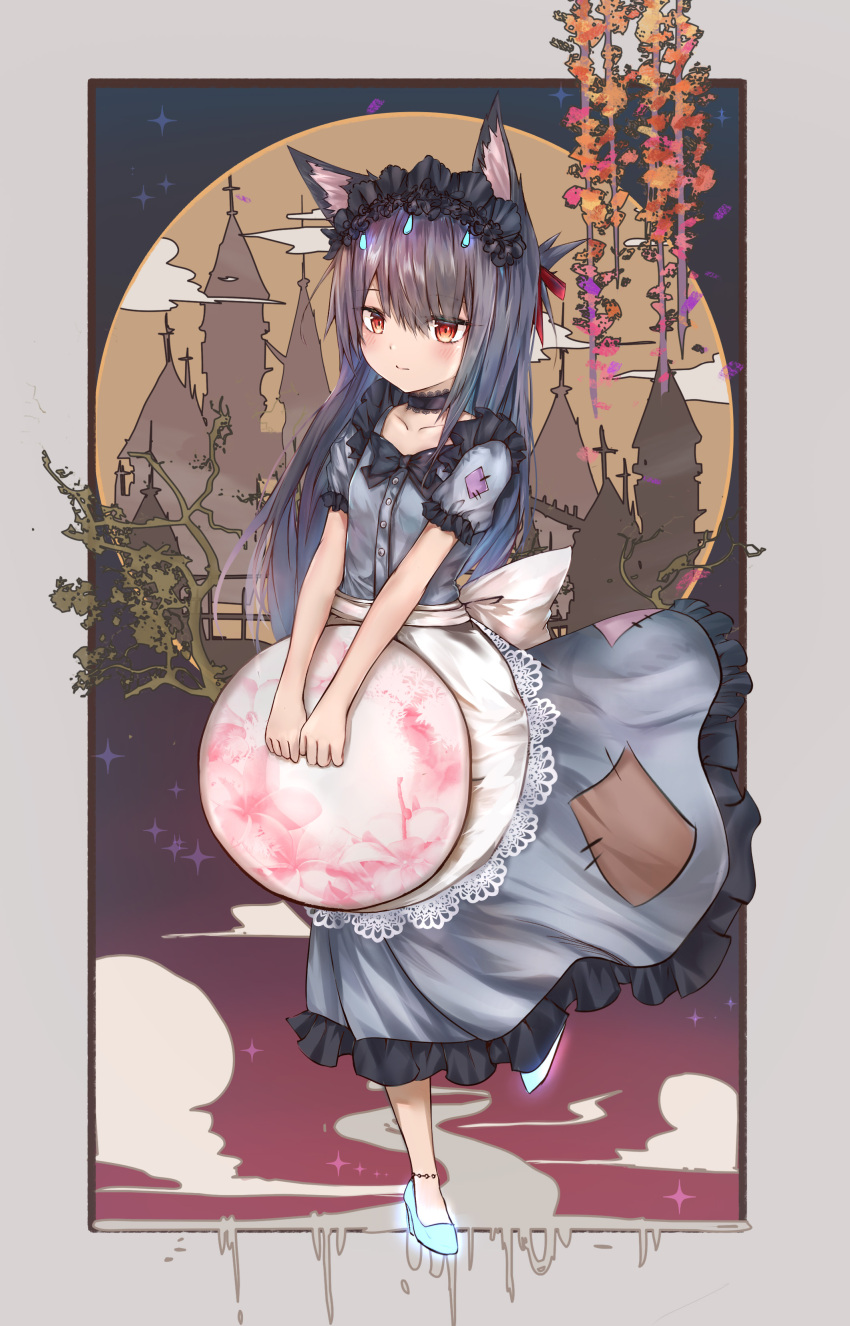 1girl absurdres animal_ears apron black_choker blue_dress blue_footwear blush building buttons cat_ears choker closed_mouth clouds collarbone commentary_request dress frilled_dress frills full_body grey_hair hair_ribbon headdress high_heels highres holding lace_trim leg_up long_hair looking_at_viewer luminous maid maid_apron original red_eyes red_ribbon ribbon shoes short_sleeves solo tree white_apron