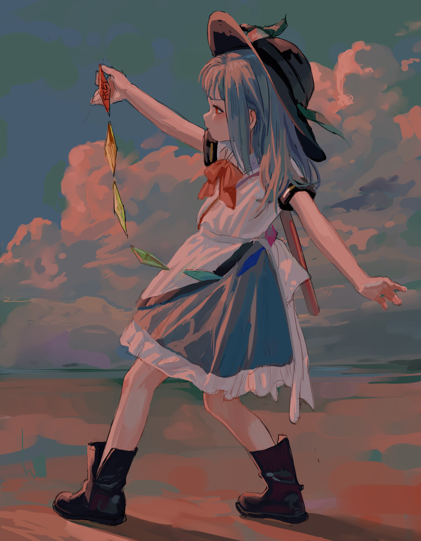 1girl absurdres arm_up black_footwear black_headwear blouse blue_hair blue_skirt blue_sky boots clouds commentary fkey full_body hat highres hinanawi_tenshi holding leaf long_hair outdoors petticoat red_eyes shadow short_sleeves sidelocks skirt sky solo standing sunset sword touhou weapon weapon_on_back white_blouse