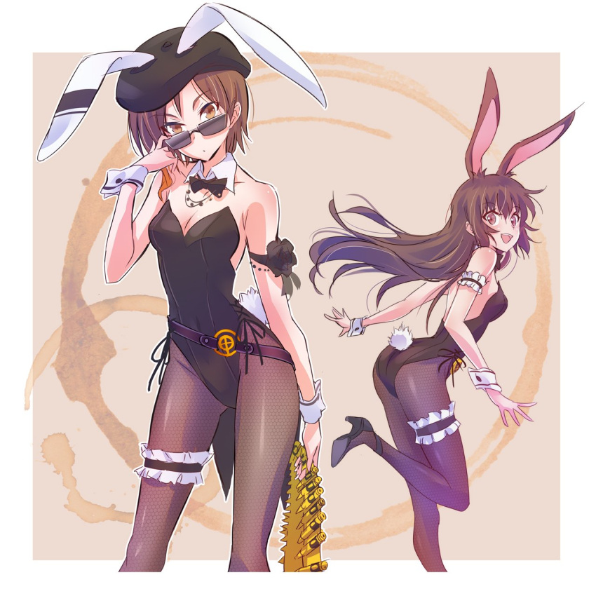 2girls :d animal_ears arm_garter ass ass_visible_through_thighs bare_shoulders beret bow bowtie breasts brown_eyes brown_hair brown_legwear bunny_tail coco_adel contrapposto detached_collar hat highres iesupa jewelry leg_garter leotard long_hair looking_at_viewer multiple_girls necklace open_mouth pantyhose rabbit_ears rwby short_hair small_breasts smile standing standing_on_one_leg sunglasses tail velvet_scarlatina wrist_cuffs