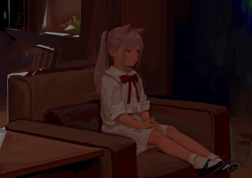 1girl animal_ears armchair cat_ears chair child dress ears feiqizi_(fkey) fkey looking_away mary_janes original ponytail red_eyes shoes silver_hair sitting solo white_dress