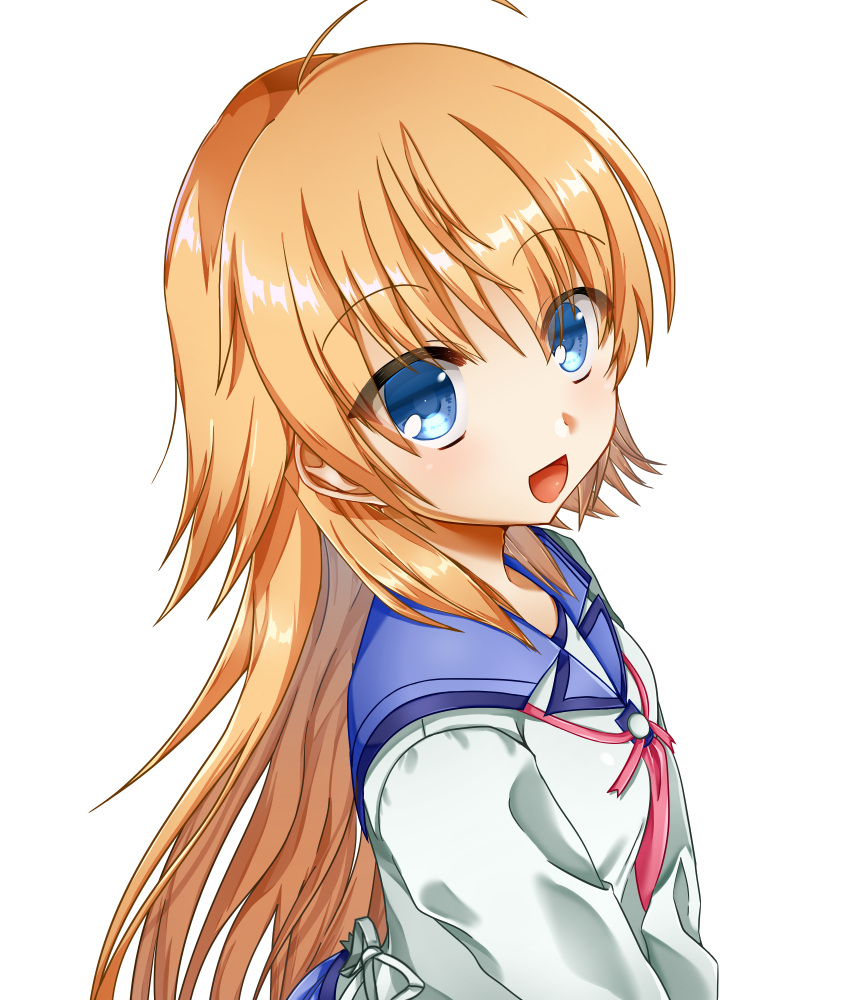 1girl :d angel_beats! bangs blue_eyes commentary_request eyebrows_visible_through_hair eyes_visible_through_hair from_above hair_between_eyes hair_down highres key_(company) long_hair long_sleeves looking_at_viewer looking_to_the_side looking_up open_eyes open_mouth orange_hair pink_ribbon ribbon school_uniform sekine shinda_sekai_sensen_uniform shirt simple_background smile solo standing upper_body white_background white_shirt zuzuhashi