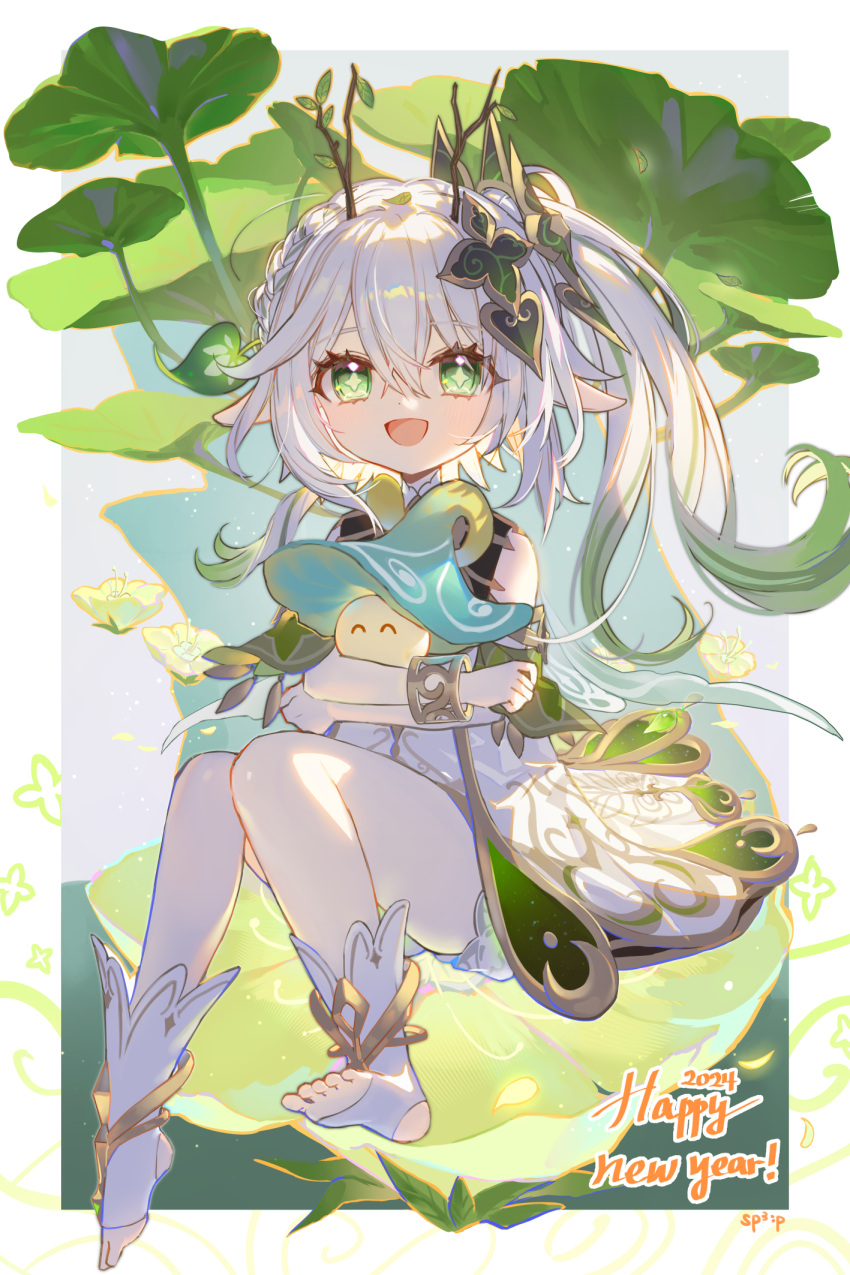 1girl bare_legs border bracelet commentary dress facing_viewer flower-shaped_pupils fungi_(genshin_impact) genshin_impact gradient_hair green_eyes hair_ornament happy_new_year highres jewelry long_hair multicolored_hair nahida_(genshin_impact) open_mouth pointy_ears side_ponytail signature smile sp0i0ppp stirrup_footwear symbol-shaped_pupils toeless_footwear white_border white_dress white_footwear white_hair