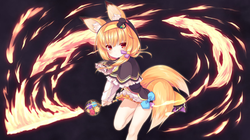 1girl animal_ears bangs black_background black_capelet black_headwear blue_bow blush bow brown_hair capelet closed_mouth commentary_request dress ears_through_headwear eyebrows_visible_through_hair fire flaming_sword flower_knight_girl fox_ears fox_girl fox_tail frilled_capelet frills hair_between_eyes hairband hat highres holding holding_sword holding_weapon hood hood_up hooded_capelet kitsune kitsune_no_botan_(flower_knight_girl) long_sleeves looking_at_viewer mini_hat mini_top_hat multiple_tails red_eyes sidelocks solo standing standing_on_one_leg sword tail tilted_headwear top_hat two_tails weapon white_dress yellow_hairband yuku_(kiollion)