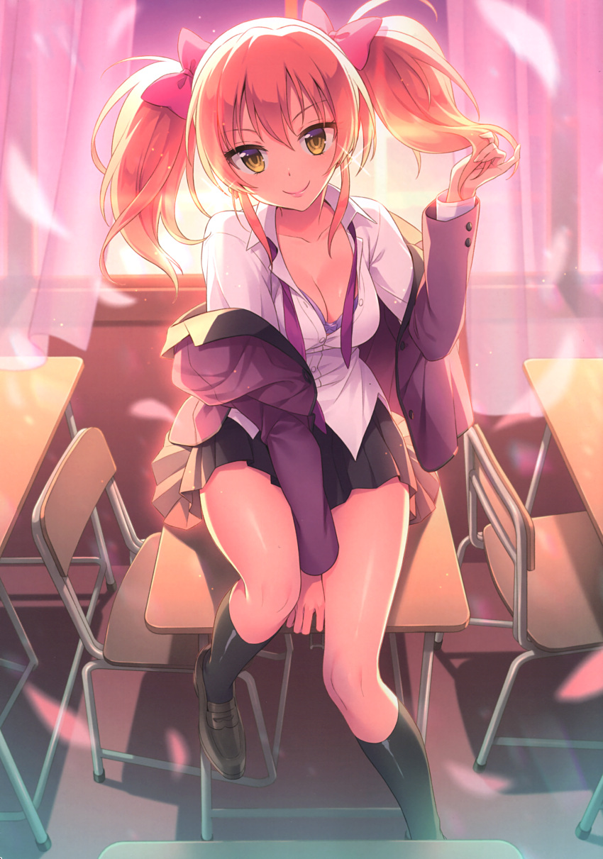 1girl absurdres between_legs black_legwear black_skirt bow bra bra_peek breasts brown_eyes brown_footwear classroom cleavage clothes_down collarbone desk dress_shirt floating_hair hair_between_eyes hair_bow hand_between_legs highres idolmaster idolmaster_cinderella_girls indoors jacket jougasaki_mika kneehighs loafers long_hair looking_at_viewer medium_breasts miniskirt neck_ribbon open_clothes open_jacket orange_hair pink_bow pleated_skirt purple_bra purple_jacket purple_ribbon ribbon school school_uniform shiny shiny_skin shirt shoes sitting skirt smile solo twintails underwear white_shirt wing_collar