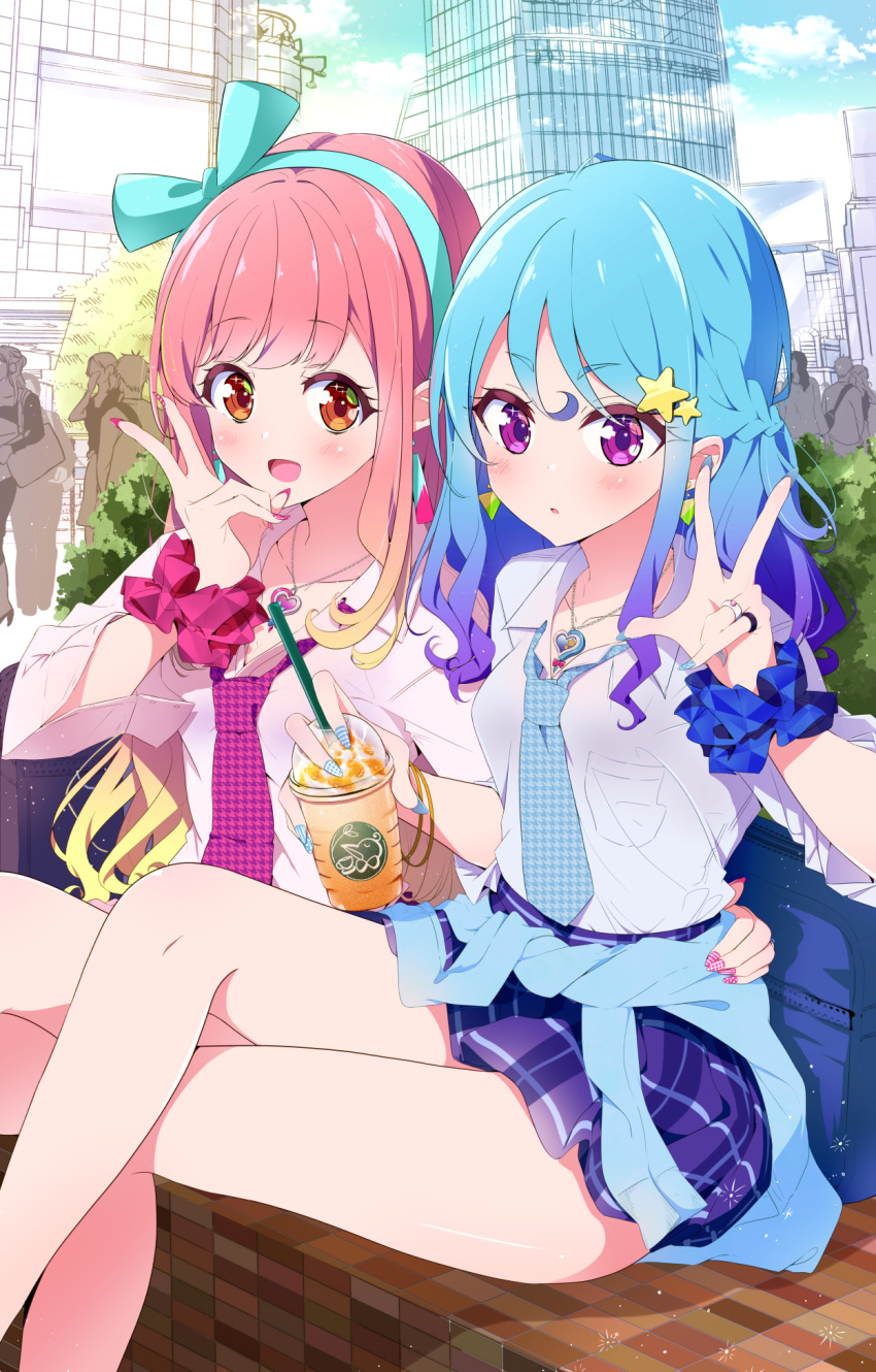 2girls :d :o aikatsu!_(series) aikatsu_friends! bag bangs bare_legs blue_bow blue_hair blush bokkun_(doyagaobyo) bow braid brand_name_imitation brown_eyes cardigan city cityscape clothes_around_waist clouds cloudy_sky commentary_request cowboy_shot cup day disposable_cup drinking_straw eyebrows_visible_through_hair gradient_hair gyaru hair_between_eyes hair_bow hair_ornament hairband hand_on_another's_hip heart heart_necklace highres holding holding_cup jewelry kogal legs_crossed long_hair looking_at_viewer loose_clothes loose_necktie loose_shirt minato_mio multicolored_hair multiple_girls nail_art nail_polish necktie open_mouth orange_hair outdoors pink_hair plaid plaid_skirt plant pleated_skirt pose purple_hair real_world_location school_bag school_uniform scrunchie shadow shibuya_(tokyo) shibuya_109 shirt shoulder_bag sitting skirt sky sleeves_rolled_up smile star star_hair_ornament swept_bangs tokyo_(city) triangle_earrings unbuttoned_sleeves v violet_eyes white_shirt wrist_scrunchie yuri yuuki_aine