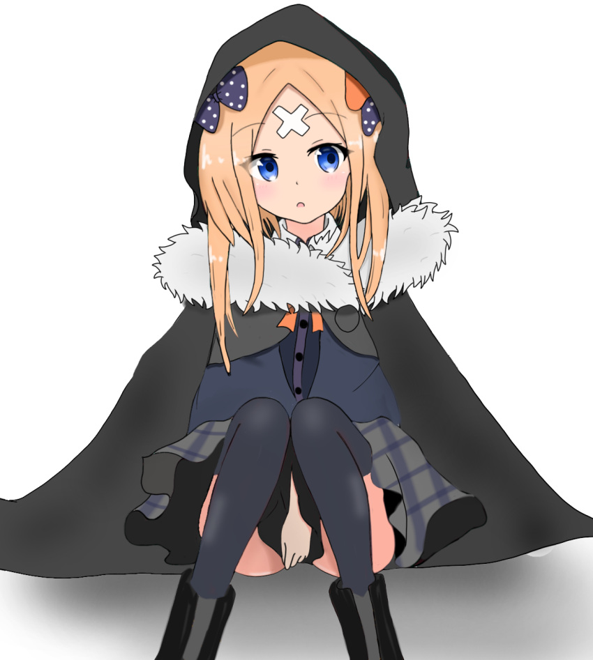 1girl :o abigail_williams_(fate/grand_order) atsumisu bangs between_legs black_bow black_cape black_footwear black_legwear black_skirt blonde_hair blue_eyes blush boots bow cape commentary_request crossed_bandaids dress_shirt eyebrows_visible_through_hair fate/grand_order fate_(series) fur_collar grey_skirt hair_bow hand_between_legs highres hood hood_up hooded_cape long_hair looking_at_viewer orange_bow parted_bangs parted_lips plaid plaid_skirt polka_dot polka_dot_bow shirt sitting skirt solo thigh-highs unmoving_pattern white_background