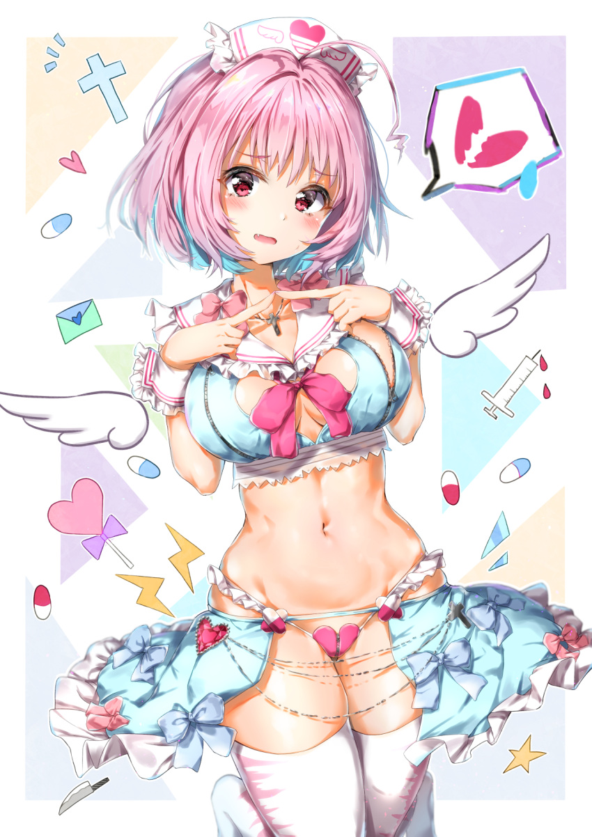 1girl ahoge bangs bikini blue_hair blue_skirt blush bow bowtie breasts broken_heart cleavage cleavage_cutout collarbone crop_top cross cross_necklace envelope fang frilled_bikini frilled_cuffs frilled_shirt_collar frilled_skirt frills groin hands_up hat heart heart_bikini heart_cutout heart_print highleg highleg_bikini highres idolmaster idolmaster_cinderella_girls jewelry kuria_(clear_trip_second) large_breasts latin_cross legs_up looking_at_viewer miniskirt multicolored_hair navel necklace no_shoes notice_lines nurse_cap open_mouth pill pink_bow pink_hair pink_neckwear red_eyes sailor_collar short_hair showgirl_skirt skirt solo spoken_heart star stomach swimsuit tears thigh-highs twiddling_fingers two-tone_hair white_legwear white_sailor_collar wings wrist_cuffs yumemi_riamu zipper zipper_pull_tab