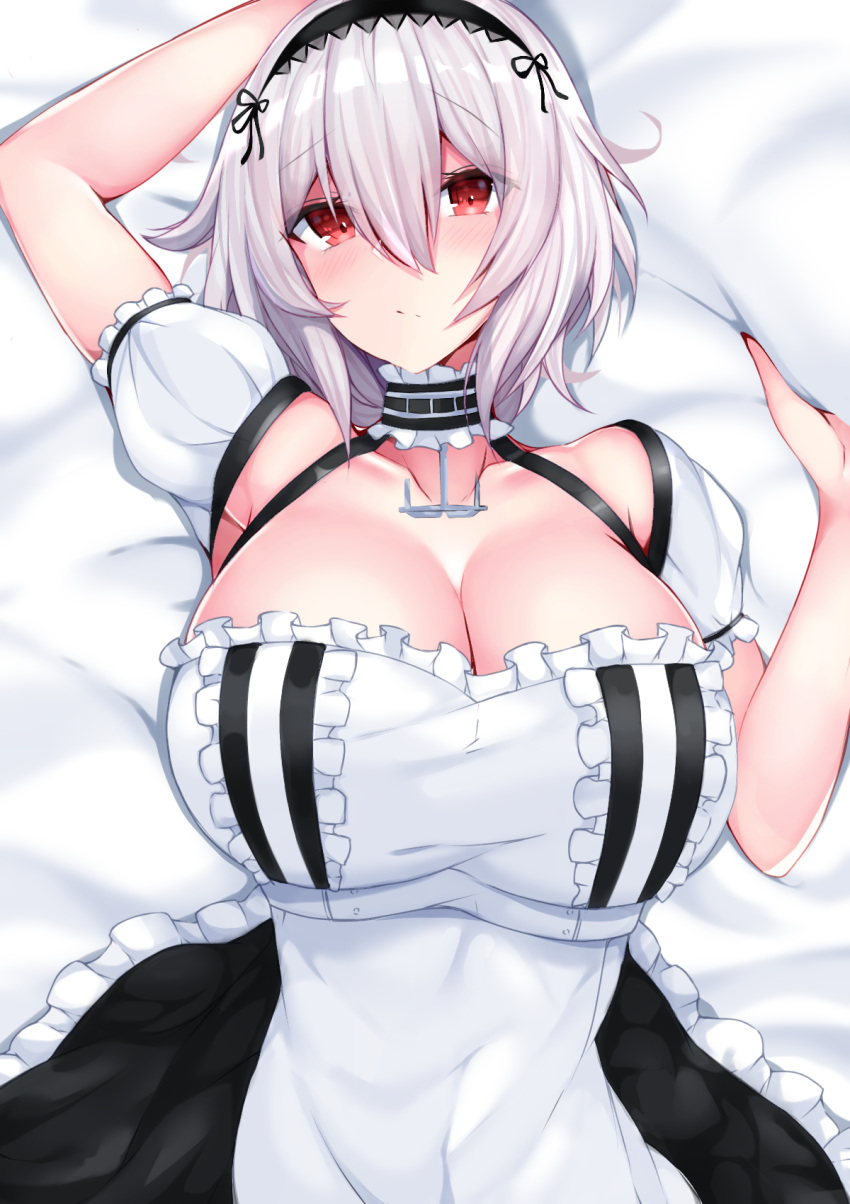 1girl anchor_choker arm_up azur_lane bed_sheet blush breasts choker cleavage closed_mouth collarbone eyebrows_visible_through_hair frilled_choker frills from_above hair_between_eyes highres huge_breasts lace-trimmed_hairband looking_at_viewer lying monotosu on_back puffy_sleeves red_eyes sheet_grab short_hair short_sleeves sidelocks sirius_(azur_lane) solo white_hair