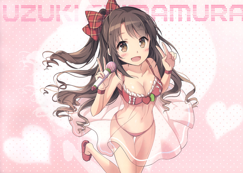 1girl :d absurdres blush bow bra breasts brown_eyes brown_hair character_name cleavage collarbone double_v dress eyebrows_visible_through_hair floating_hair gown highres holding holding_microphone idolmaster idolmaster_cinderella_girls leg_up long_hair looking_at_viewer microphone nyanya open_mouth panties plaid plaid_bow red_bow red_bra red_footwear red_panties see-through shimamura_uzuki shiny shiny_skin side_ponytail slippers smile solo standing standing_on_one_leg striped striped_bow underwear underwear_only v very_long_hair wrist_cuffs