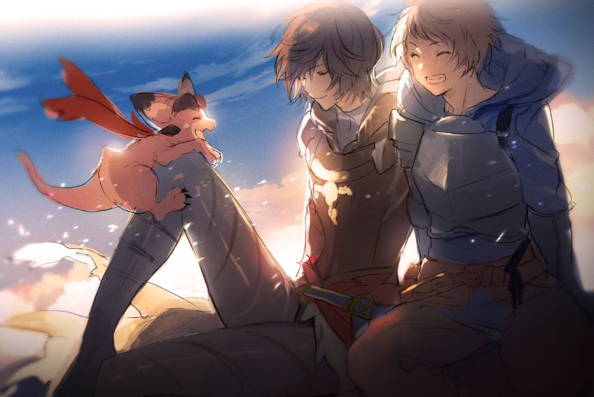 2boys armor brown_hair closed_eyes doushite dragon gauntlets gran_(granblue_fantasy) granblue_fantasy grin hood hood_down hoodie male_focus multiple_boys open_mouth sandalphon_(granblue_fantasy) short_hair sky smile turtleneck vee_(granblue_fantasy)