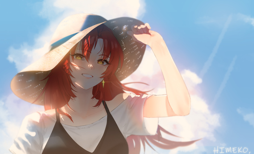 1girl anchovy_(artist) blue_sky blush breasts clouds earrings grin hat honkai_(series) honkai_impact_3 jewelry long_hair looking_at_viewer murata_himeko redhead sky smile solo straw_hat yellow_eyes