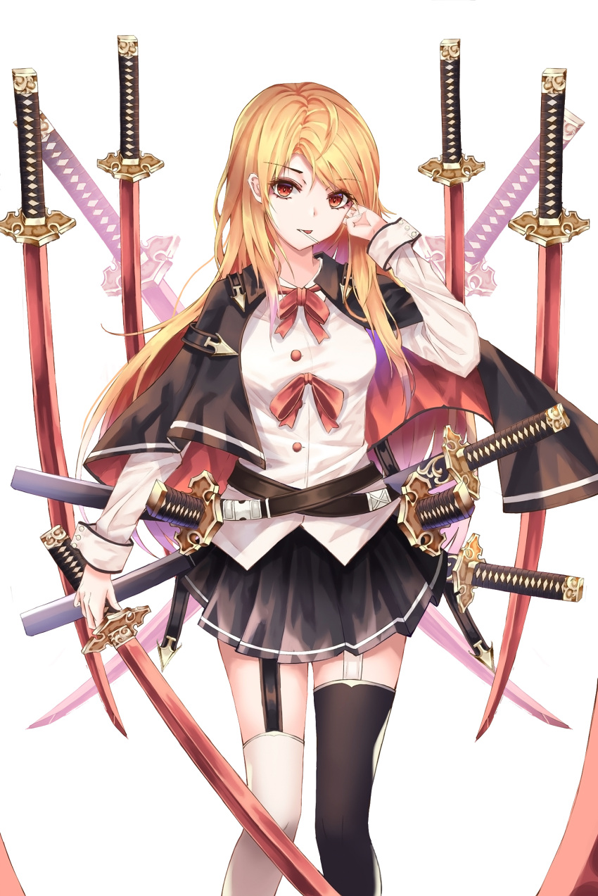 1girl belt black_cloak black_legwear black_skirt blonde_hair breasts buttons cloak collared_shirt cup6542 dress_shirt feet_out_of_frame floating_swords garter_straps hand_up highres holding holding_sword holding_weapon katana long_hair long_sleeves looking_at_viewer medium_breasts miniskirt mismatched_legwear mouth_hold multiple_swords neck_ribbon original parted_lips pleated_skirt red_eyes red_neckwear red_ribbon ribbon sheath sheathed shirt sidelocks simple_background skirt solo standing stick sword thigh-highs weapon weapon_on_back white_background white_legwear white_shirt zettai_ryouiki