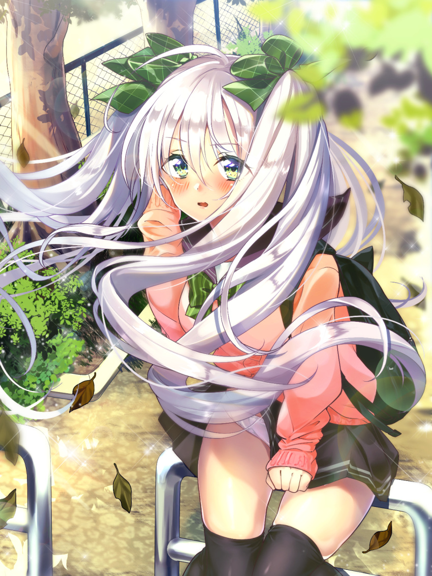 1girl ahoge autumn_leaves black_legwear black_skirt blush bow bowtie day eyebrows_visible_through_hair floating_hair green_bow green_eyes green_neckwear hair_between_eyes hair_bow highres leaning_forward lens_flare long_hair long_sleeves looking_at_viewer maronie. miniskirt open_mouth original outdoors panties pink_sweater plaid plaid_bow pleated_skirt shiny shiny_clothes silver_hair skirt skirt_lift solo standing striped striped_bow striped_neckwear sweater thigh-highs twintails underwear very_long_hair white_panties wind wind_lift