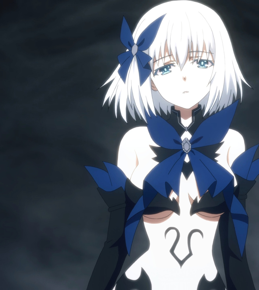 1girl blue_eyes breasts date_a_live eyebrows_visible_through_hair hair_between_eyes hair_ornament highres looking_at_viewer medium_breasts revealing_clothes screencap short_hair solo stitched third-party_edit tobiichi_origami white_hair