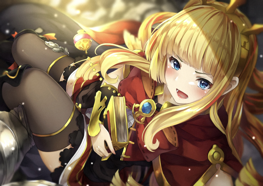 1boy 1girl bangs black_footwear black_legwear blonde_hair blue_eyes blunt_bangs blurry blurry_background blush book boots bow bracer cagliostro_(granblue_fantasy) cape carrying crown gloves granblue_fantasy highres hyouta_(yoneya) long_hair looking_at_viewer open_mouth solo_focus thigh-highs white_gloves