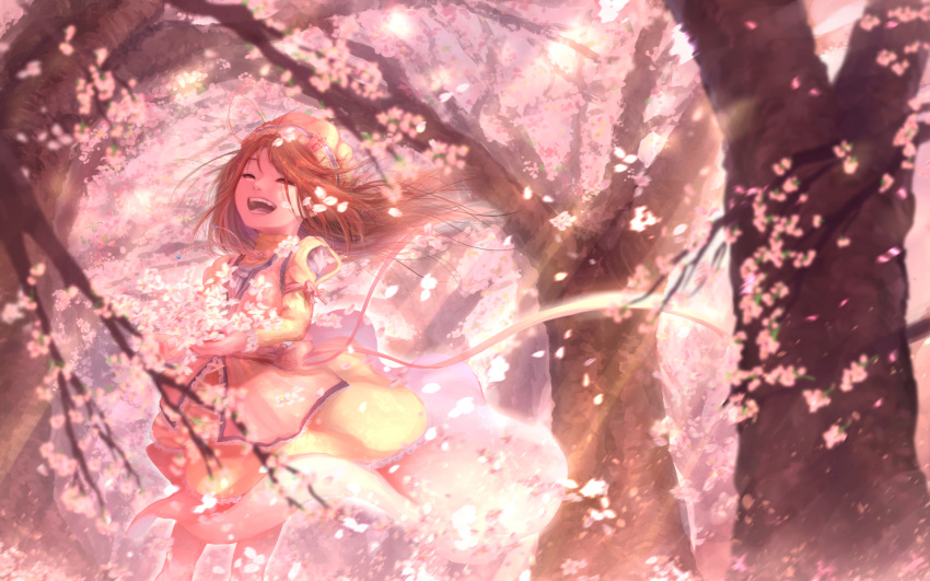 1girl brown_hair cherry_blossoms closed_eyes cyasha day dress facing_viewer forest hat highres long_hair long_sleeves nature open_mouth original outdoors pink_ribbon ribbon smile solo spring_(season) standing sunlight
