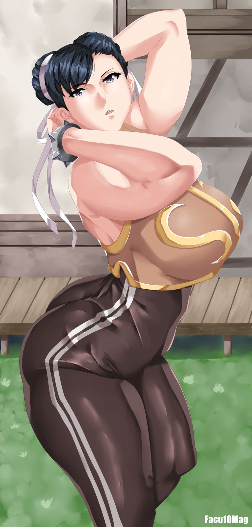 1girl absurdres alternate_costume arms_behind_head ass bare_shoulders black_hair bracelet breasts brown_pants capcom chun-li curvy double_bun facu10mag grass grey_eyes highres huge_ass huge_breasts jewelry open_mouth outdoors pants parted_lips ribbon shirt sleeveless sleeveless_shirt spiked_bracelet spikes street_fighter thick_thighs thighs white_ribbon wide_hips