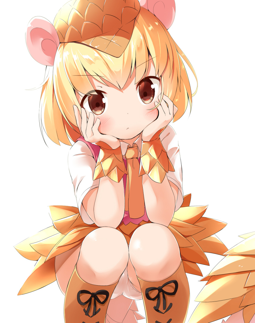 1girl animal_ears arm_support bangs blonde_hair blush boots brown_eyes brown_footwear brown_headwear brown_skirt character_request closed_mouth collared_shirt commentary cross-laced_footwear eyebrows_visible_through_hair hair_between_eyes hands_up hat head_tilt highres kemono_friends knee_boots lace-up_boots long_hair long_sleeves looking_at_viewer makuran orange_neckwear panties pink_vest shirt skirt solo squatting underwear v-shaped_eyebrows vest white_panties white_shirt