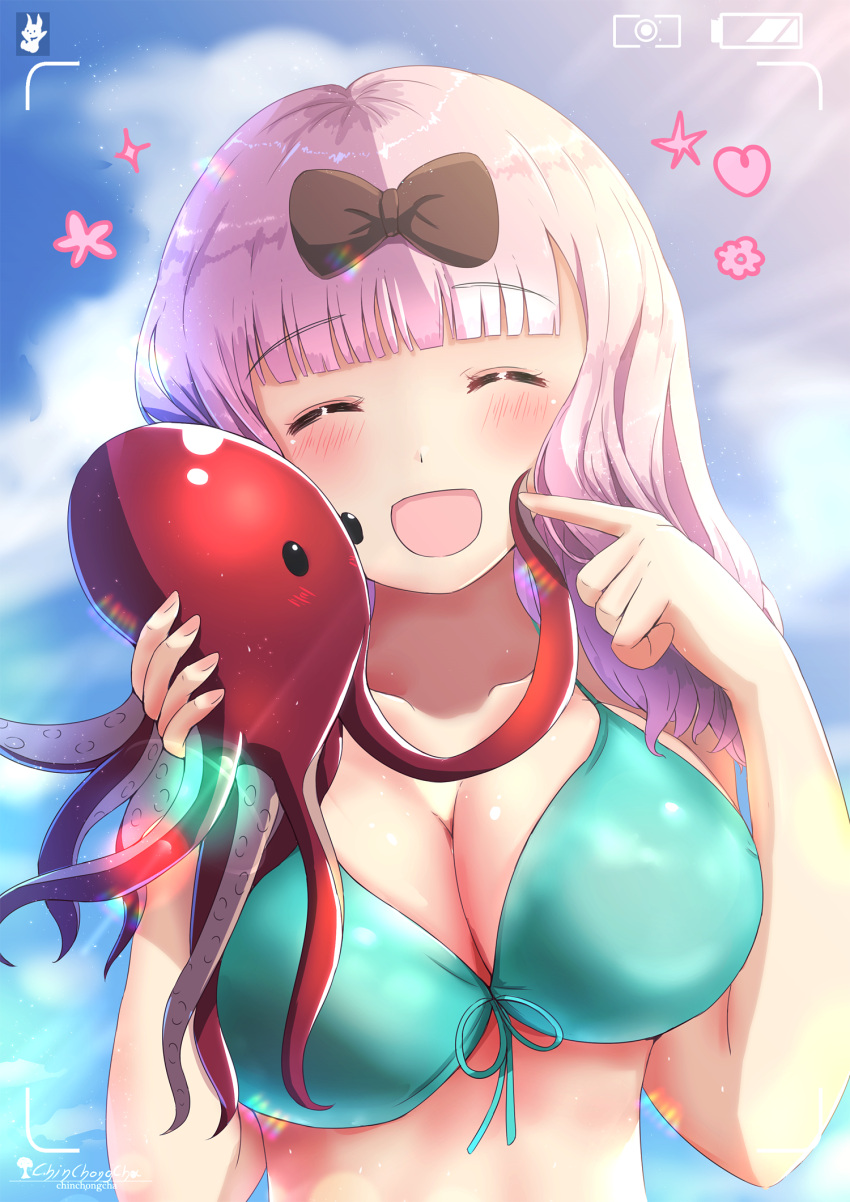 1girl bangs bikini black_bow blue_bikini blue_sky blunt_bangs bow breasts chinchongcha cleavage closed_eyes day eyebrows_visible_through_hair facing_viewer fujiwara_chika hair_bow highres holding kaguya-sama_wa_kokurasetai_~tensai-tachi_no_renai_zunousen~ large_breasts long_hair octopus open_mouth outdoors pink_hair sky solo swimsuit upper_body viewfinder watermark