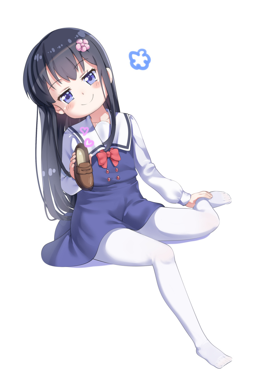 1girl bangs black_hair blue_dress blue_eyes blush_stickers brown_footwear closed_mouth dress eyebrows_visible_through_hair flower full_body hair_flower hair_ornament head_tilt heart highres holding holding_shoes loafers long_hair long_sleeves no_shoes pantyhose pink_flower sailor_collar sailor_dress school_uniform shadow shirosaki_hana shirt shoes shoes_removed sitting sleeveless sleeveless_dress smile solo too-ye very_long_hair watashi_ni_tenshi_ga_maiorita! white_background white_legwear white_sailor_collar white_shirt