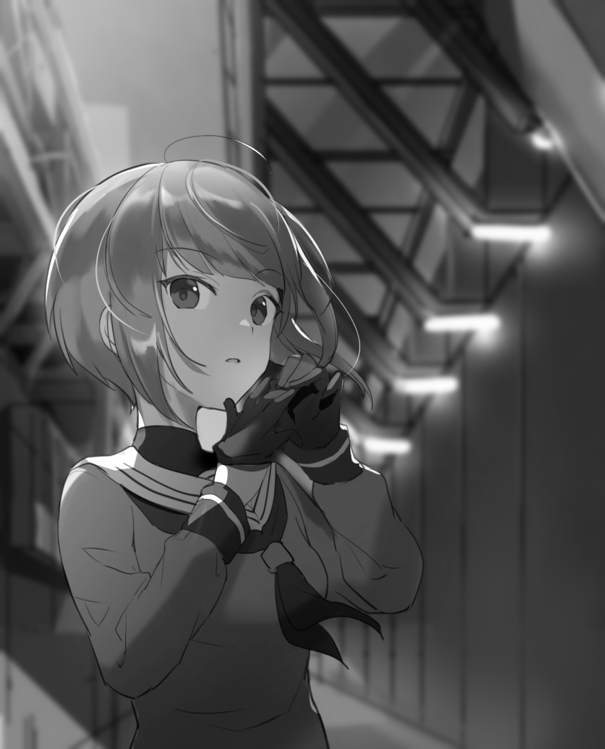1girl ahoge bangs blurry blurry_background building commentary curcumin day depth_of_field eyebrows_visible_through_hair glove_pull gloves greyscale hands_up highres idolmaster idolmaster_cinderella_girls idolmaster_cinderella_girls_starlight_stage looking_at_viewer monochrome neckerchief outdoors parted_lips sailor_collar school_uniform serafuku shirayuki_chiyo sidelocks solo