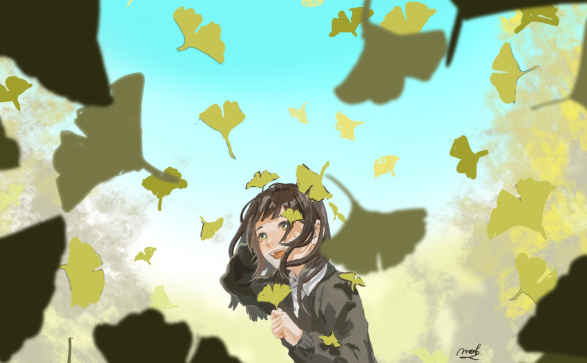 1girl bangs black_hair blue_sky blurry_foreground brown_sweater collared_shirt falling_leaves ginkgo green_eyes kaorkto leaf long_hair long_sleeves open_mouth original outdoors shirt sky smile solo sweater tree white_shirt