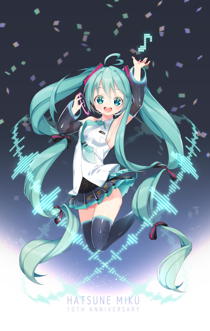 1girl absurdly_long_hair anniversary aqua_eyes aqua_hair arami_o_8 armpits bare_shoulders belt breasts character_name commentary confetti detached_sleeves eighth_note english_commentary full_body graphic_equalizer hair_ornament hair_ribbon hands_up hatsune_miku hatsune_miku_(vocaloid3) highres legs_up long_hair looking_at_viewer musical_note necktie ribbon see-through_sleeves shirt sideboob skirt sleeveless sleeveless_shirt smile solo symbol_commentary thigh-highs twintails very_long_hair vocaloid white_shirt