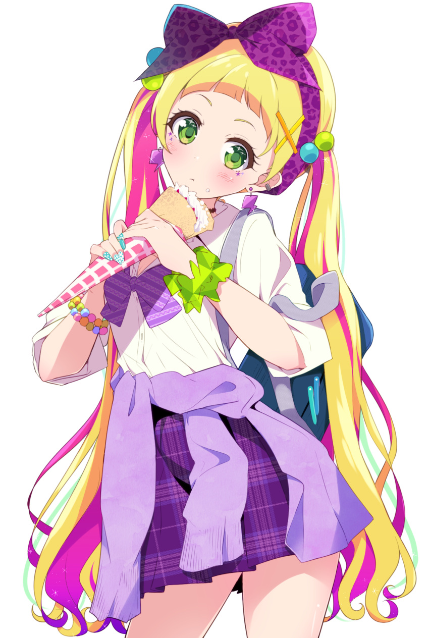 1girl aikatsu!_(series) aikatsu_friends! bangs blonde_hair blunt_bangs blush bokkun_(doyagaobyo) bow bowtie bracelet breasts cardigan cardigan_around_waist cleavage clothes_around_waist commentary_request cowboy_shot crepe ear_piercing earrings eating facepaint food food_on_face food_wrapper green_eyes gyaru hair_bobbles hair_bow hair_ornament hairband highres hinata_ema_(aikatsu_friends!) holding holding_food jewelry kogal lightning_bolt_earrings long_hair looking_at_viewer loose_bowtie multicolored_hair nail_art nail_polish piercing pink_hair plaid plaid_skirt purple_skirt school_uniform scrunchie shirt simple_background skirt sleeves_rolled_up solo sparkle sparkling_eyes star streaked_hair twintails two-tone_hair very_long_hair white_background white_shirt wrist_scrunchie x_hair_ornament