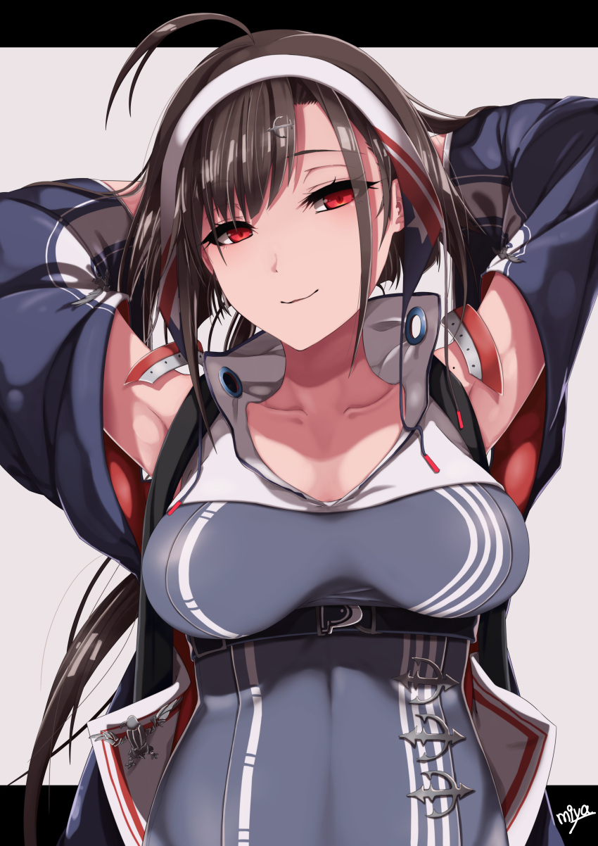 1girl absurdres ahoge anchor_hair_ornament armpits arms_behind_head azur_lane bangs breasts brown_hair cloak closed_mouth collarbone dress earrings hair_ornament hairband head_tilt highres huge_filesize independence_(azur_lane) jewelry large_breasts letterboxed long_hair looking_at_viewer minagokoro off_shoulder outside_border red_eyes signature sleeveless sleeveless_dress slit_pupils smile solo underbust upper_body