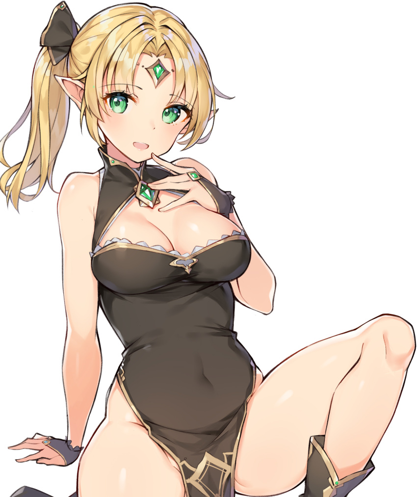 1girl :d arm_support ass bangs bare_arms bare_legs bare_shoulders black_dress black_footwear black_ribbon blonde_hair boots breasts brooch china_dress chinese_clothes cleavage copyright_request covered_navel dress elf finger_to_mouth forehead_jewel green_eyes hair_ribbon hand_up highres jewelry knee_up long_hair looking_at_viewer medium_breasts open_mouth original parted_bangs pelvic_curtain pointy_ears ponytail ribbon rikoma side_slit sidelocks simple_background sitting sleeveless sleeveless_dress smile solo thighs white_background