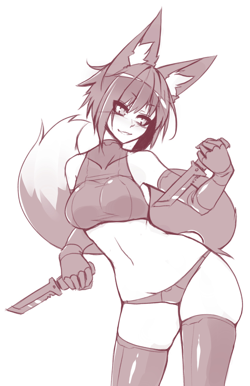 1girl absurdres animal_ear_fluff animal_ears bangs bare_shoulders breasts combat_knife commentary covered_collarbone crop_top dual_wielding elbow_gloves english_commentary eyebrows_visible_through_hair eyes_visible_through_hair fox_ears gloves greyscale halterneck highres holding knife looking_away mana_(sub-res) medium_breasts midriff monochrome original panties parted_lips short_hair sketch smile solo sub-res thigh-highs underwear weapon