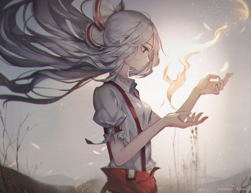 1girl arm_belt artist_name baggy_pants bare_tree blouse blurry bow closed_mouth collared_shirt depth_of_field facing_away fire floating_hair fujiwara_no_mokou grey_sky hair_bow highres huge_filesize long_hair ofuda pants red_eyes red_pants shirt silver_hair solo sparks suspenders torn_clothes torn_sleeves touhou tree unity_(ekvmsp02) very_long_hair white_blouse white_bow white_shirt