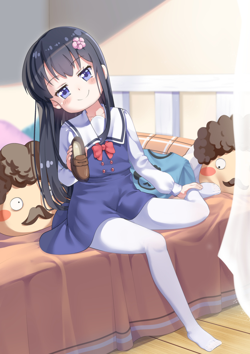 1girl bangs bed black_hair blue_dress blue_eyes blurry blurry_background blush_stickers brown_footwear closed_mouth commentary_request curtains depth_of_field dress eyebrows_visible_through_hair flower full_body hair_flower hair_ornament head_tilt higero_(wataten) highres holding holding_shoes indoors loafers long_hair long_sleeves no_shoes on_bed pantyhose pillow pink_flower sailor_collar sailor_dress school_uniform shirosaki_hana shirt shoes shoes_removed sitting sitting_on_bed sleeveless sleeveless_dress smile solo too-ye transparent very_long_hair watashi_ni_tenshi_ga_maiorita! white_legwear white_sailor_collar white_shirt wooden_floor