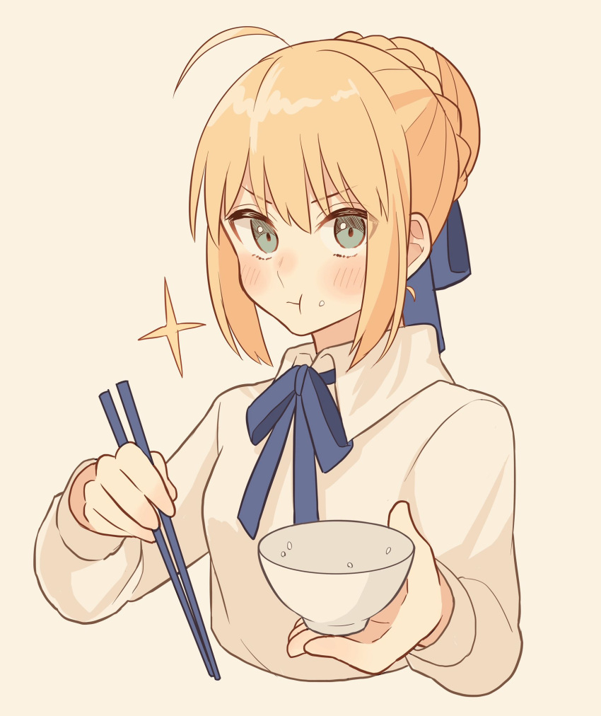 1girl ahoge artoria_pendragon_(all) bangs blonde_hair blouse blue_ribbon blush breasts chopsticks eating eyebrows_visible_through_hair fate/stay_night fate_(series) food green_eyes hair_bun hair_ribbon highres holding holding_food long_sleeves looking_at_viewer lq_saku medium_breasts ribbon rice saber simple_background solo upper_body white_background