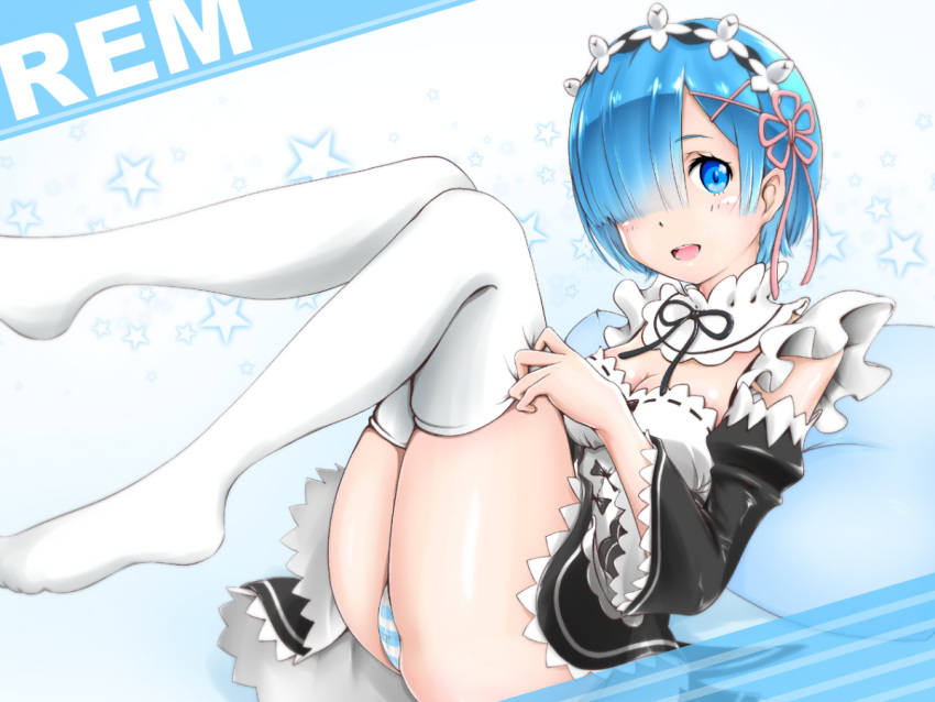 blue_eyes blue_hair breasts character_name cleavage detached_sleeves hair_ribbon leg_up maid maid_dress maid_headdress muganof panties pillow re:zero_kara_hajimeru_isekai_seikatsu rem_(re:zero) ribbon sitting star striped striped_panties thigh-highs underwear