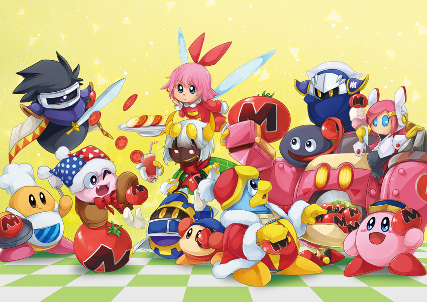 bandana_waddle_dee caprese_salad checkered checkered_floor chef_hat chef_kawasaki dark_matter darkpot food goggles gooey hat ice_cream jester_cap king_dedede kirby kirby's_dream_land kirby:_planet_robobot kirby_(series) magolor marx maxim_tomato meta_knight nintendo one_eye_closed plate ribbon_(kirby) robobot_armor smile susie_(kirby) sword taranza weapon