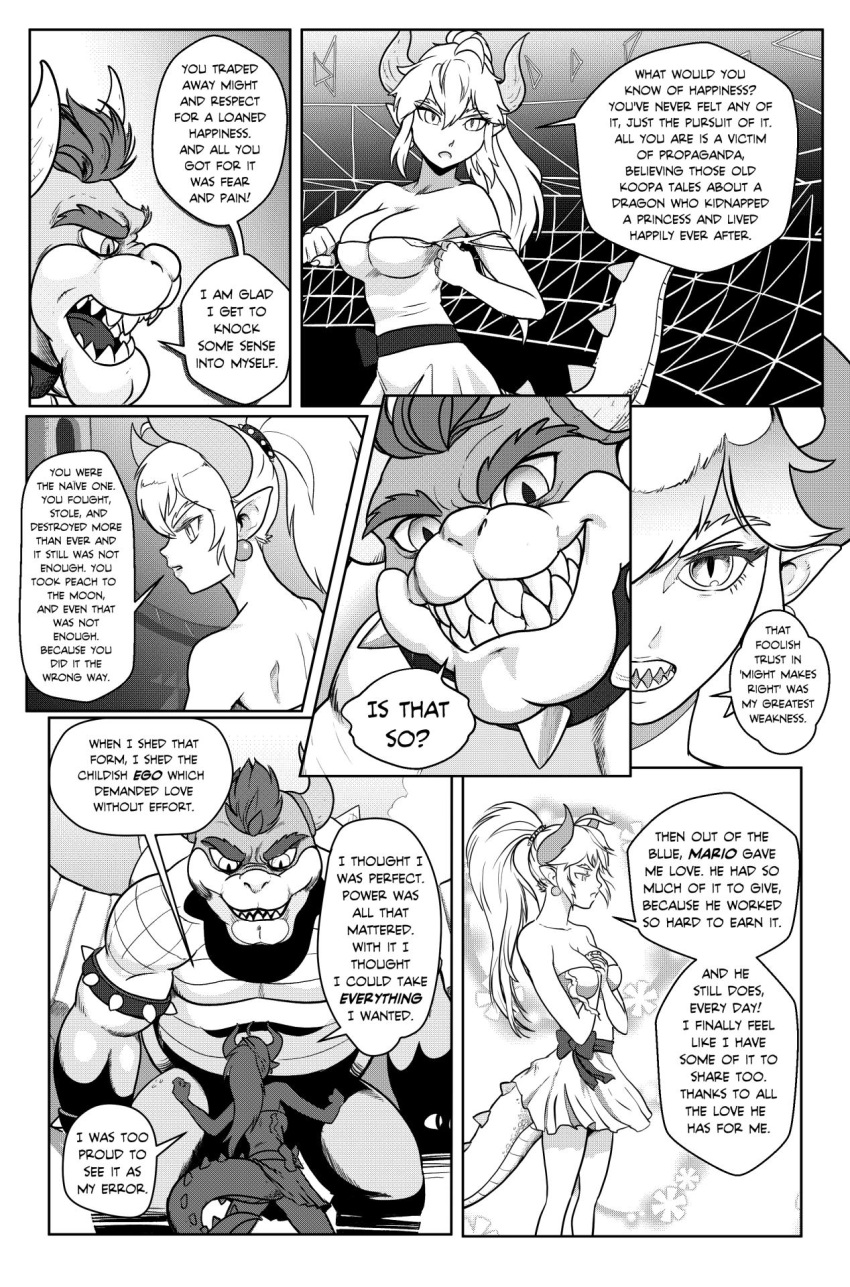 blonde_hair bowser bowsette comic dress earrings fangs highres horns jewelry super_mario_bros. monochrome nintendo super_mario_bros. tail tony_kuusisto