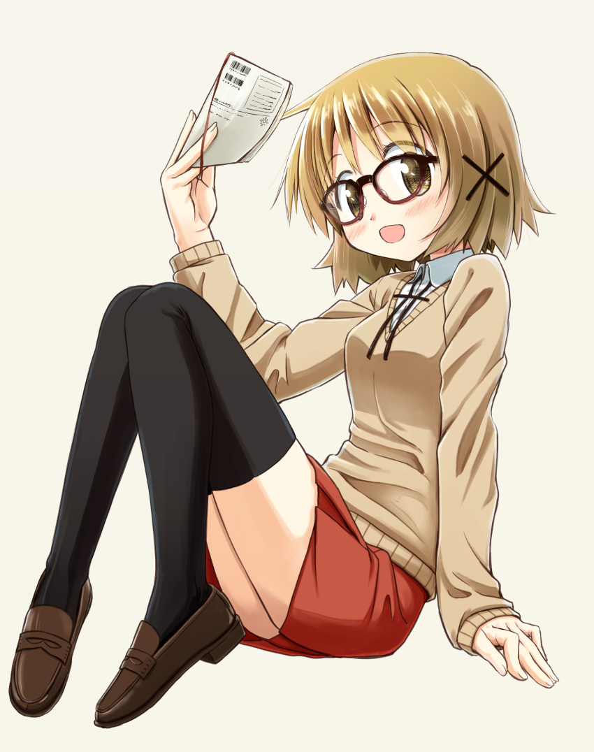 1girl bespectacled black_legwear blush book breasts brown_eyes brown_hair commentary_request full_body glasses hair_ornament hairclip hidamari_sketch highres looking_at_viewer open_mouth percy_pyl school_uniform shoes short_hair simple_background sitting solo thigh-highs white_background x_hair_ornament yuno