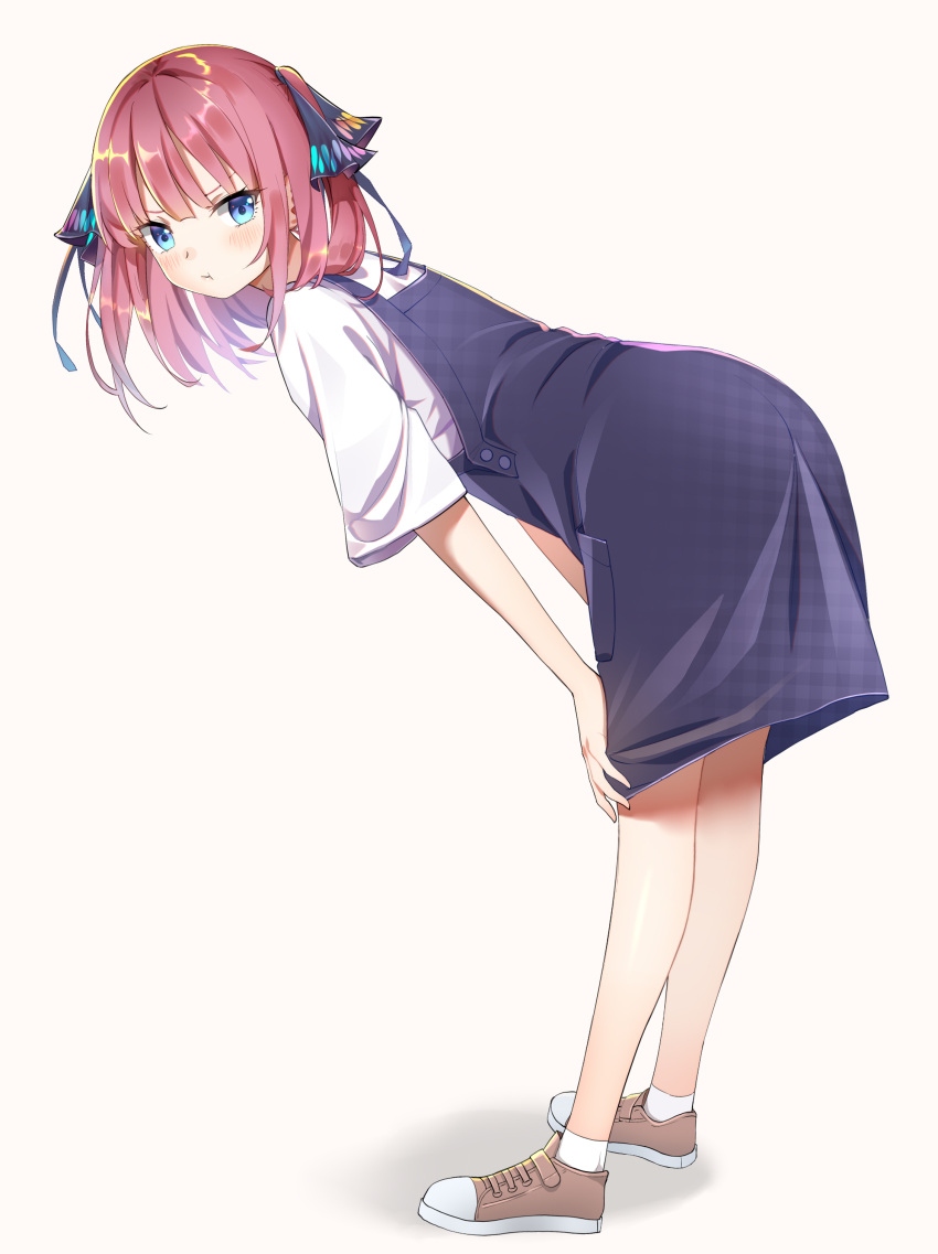 1girl :t absurdres bare_legs bent_over black_skirt blue_eyes brown_footwear butterfly_hair_ornament closed_mouth from_side full_body go-toubun_no_hanayome hair_ornament hands_on_own_knees highres kongbai long_hair looking_at_viewer looking_to_the_side nakano_nino pink_hair pout shadow shirt shoes short_sleeves sidelocks simple_background skirt socks solo standing two_side_up white_background white_legwear white_shirt