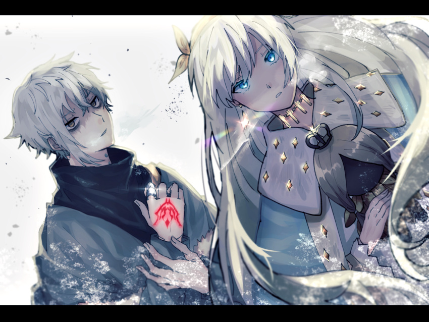 1boy 1girl anastasia_(fate/grand_order) black_border blue_eyes border cape command_spell doll fate/grand_order fate_(series) hairband highres jewelry kadoc_zemlupus long_hair oga_sleep ring silver_hair visible_air yellow_eyes