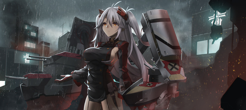 1girl antenna_hair armpit_cutout ashisi azur_lane bangs black_leotard breasts brown_eyes cannon clouds cloudy_sky expressionless eyebrows_visible_through_hair garter_straps gloves hair_between_eyes hand_up headgear highres iron_cross large_breasts leotard light_particles lights long_hair long_sleeves looking_up multicolored_hair night outdoors pelvic_curtain prinz_eugen_(azur_lane) rain rigging sideboob silver_hair sky solo standing swept_bangs two_side_up very_long_hair