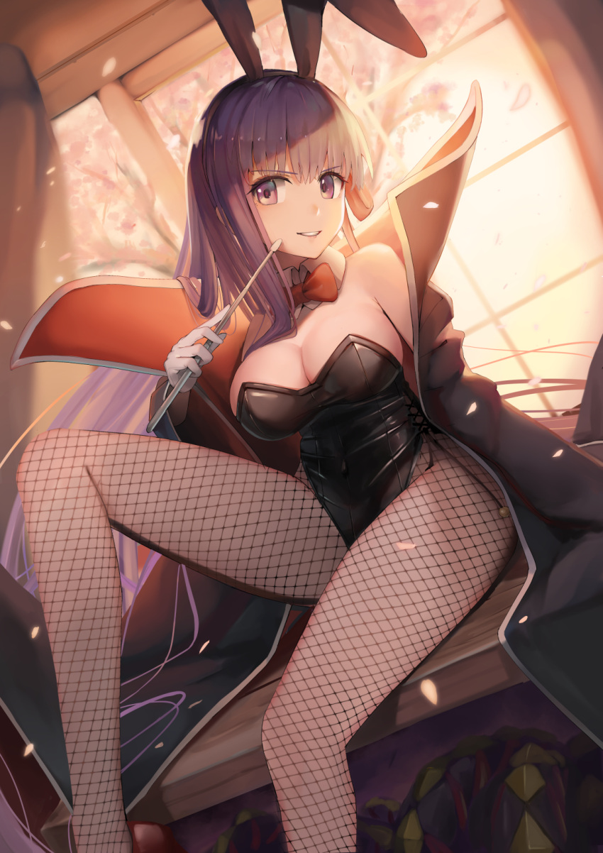 1girl alternate_costume animal_ears bare_shoulders bb_(fate)_(all) bb_(fate/extra_ccc) black_coat black_hairband black_leotard bow bowtie breasts bunny_girl bunnysuit covered_navel detached_collar fake_animal_ears fate/extra fate/extra_ccc fate_(series) fishnet_pantyhose fishnets gloves hairband highres holding holding_wand large_breasts leotard long_hair pantyhose purple_hair rabbit_ears red_neckwear red_ribbon ribbon sitting solo strapless strapless_leotard sunga2usagi very_long_hair violet_eyes wand white_gloves
