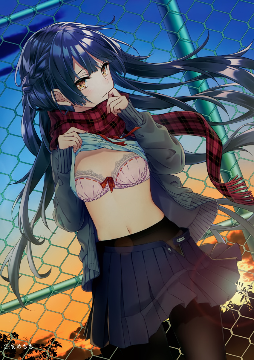 1girl absurdres black_legwear blue_hair blue_shirt blue_skirt bra braid breasts cardigan cleavage cowboy_shot dress_shirt evening eyebrows_visible_through_hair floating_hair grey_cardigan highres lens_flare lifted_by_self long_hair long_sleeves midriff minamoto_mamechichi miniskirt navel open_cardigan open_clothes open_skirt original outdoors pantyhose pink_bra plaid plaid_scarf pleated_skirt red_scarf ribbon-trimmed_bra scarf shiny shiny_hair shirt shirt_lift skirt small_breasts solo standing stomach underwear very_long_hair yellow_eyes