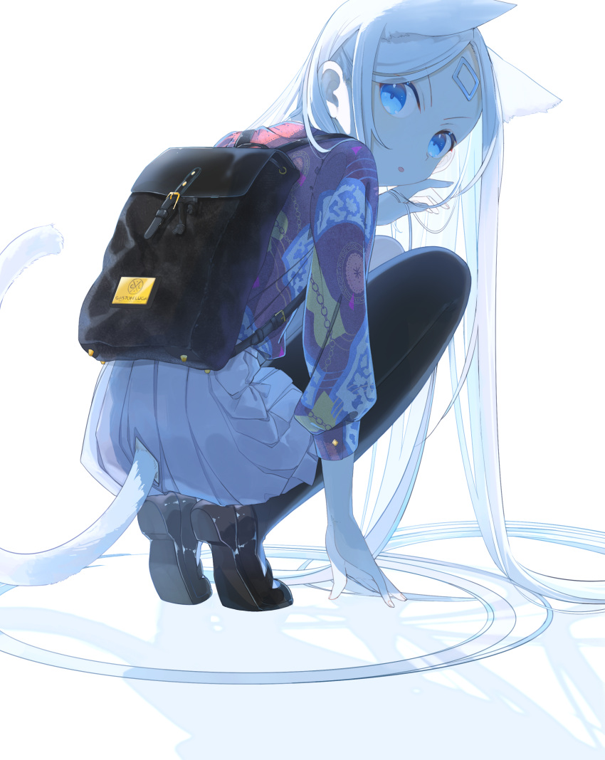 1girl absurdres animal_ears backpack bag black_legwear blue_eyes brown_footwear cat_day cat_ears cat_tail facial_mark forehead_mark full_body hand_in_hair highres kunojou_m+ long_hair looking_back original pantyhose shoes simple_background skirt solo squatting tail very_long_hair white_background white_hair white_skirt